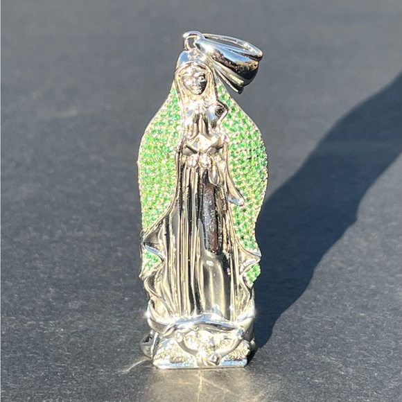 Other - 925 Sterling Silver Virgen Mary Pendant Green CZ Stones María Guadalupe